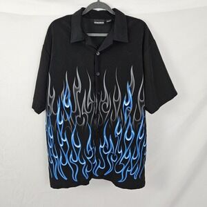 Y2K Vintage Odo Button Up Shirt Flames Mens Large Rockabilly Blue Black